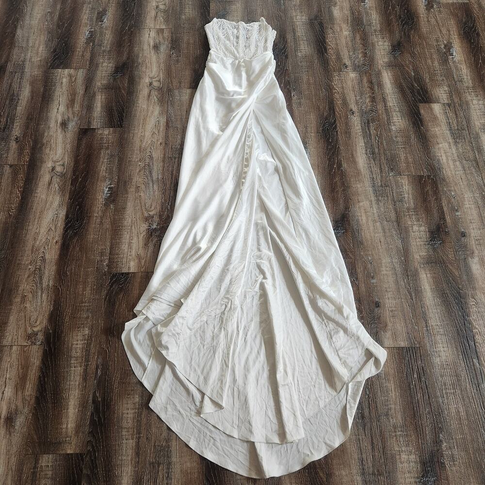Retrofete White Beaded Corset Maxi Dress Strapless Satin Size XS? Train
